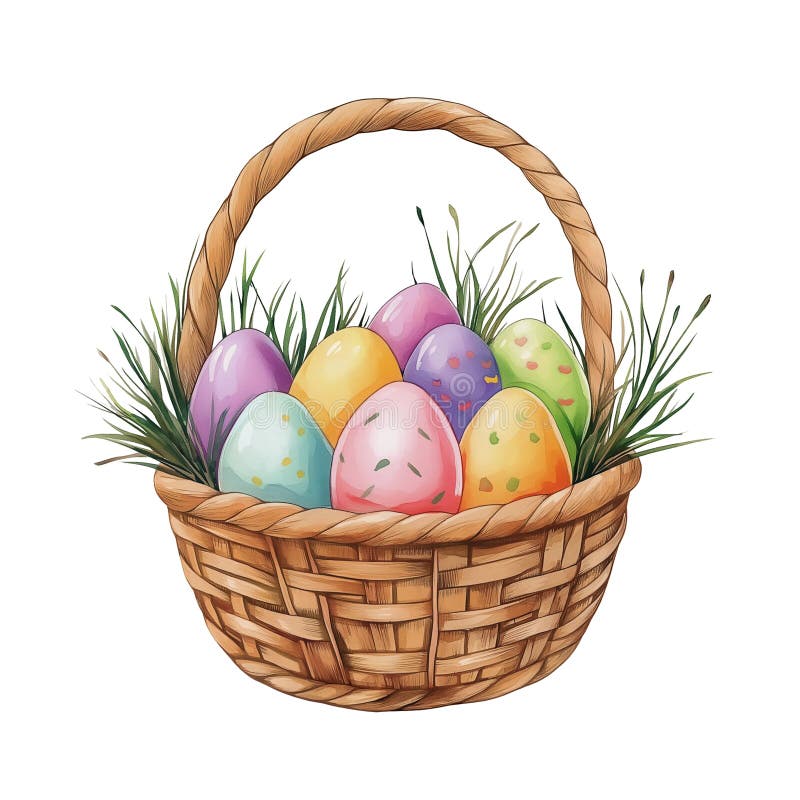 Καλάθι Watercolor Easter γεμάτο με πολύχρωμο διακοσμημένο αυγό, παραγεμισμένο σε λευκό φόντο διανυσματική απεικόνιση