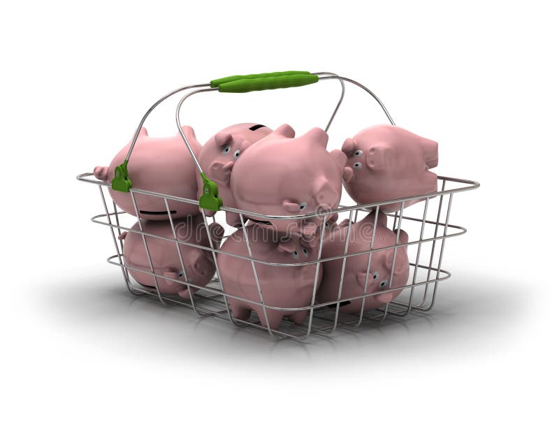 Metal basket with lot of pink piggy banks inside over a white background. Metal basket with lot of pink piggy banks inside over a white background