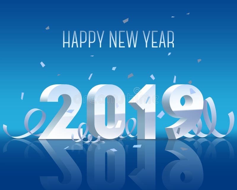 Καλή χρονιά 2019 Ασημένιοι τρισδιάστατος-αριθμοί με τις κορδέλλες και το κομφετί στο άσπρο υπόβαθρο διανυσματική απεικόνιση Καλή χρονιά 2019 Ασημένιοι τρισδιάστατος-αριθμοί με τις κορδέλλες και το κομφετί στο άσπρο υπόβαθρο διανυσματική απεικόνιση