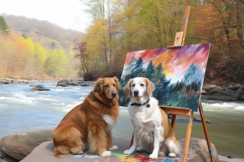καλλιτέχνες σκύλων και γατών ζωγραφίζουν τοπία με υδατογραφία