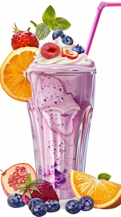 An artistic berry swirl smoothie in a glass, adorned with mint leaves, strawberries, blueberries, and a bright orange wedge AI generated. An artistic berry swirl smoothie in a glass, adorned with mint leaves, strawberries, blueberries, and a bright orange wedge AI generated