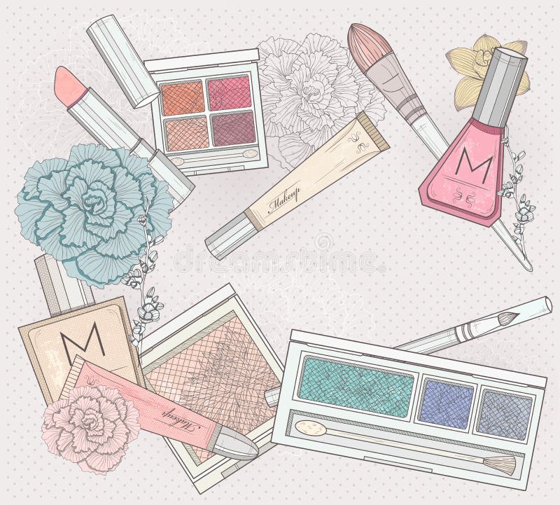 Makeup and cosmetics background. Background with makeup elements and flowers. Makeup and cosmetics background. Background with makeup elements and flowers.