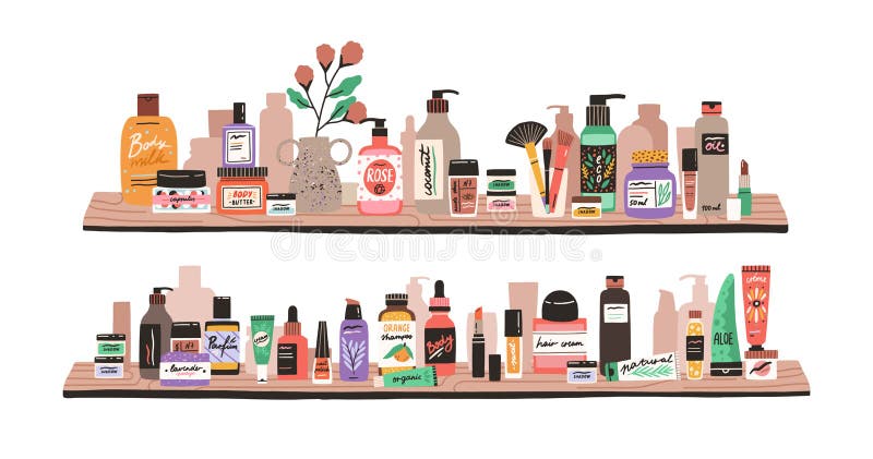 Beauty and skincare cosmetic products, decorative cosmetics, makeup items, perfumery and toiletries in bottles and tubes on shelves. Colored flat vector illustration isolated on white background. Beauty and skincare cosmetic products, decorative cosmetics, makeup items, perfumery and toiletries in bottles and tubes on shelves. Colored flat vector illustration isolated on white background.