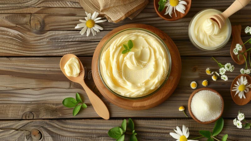 καλλυντική κρέμα almond με ανθισμένες λεπτομέρειες σε ξύλινο φόντο διανυσματική απεικόνιση