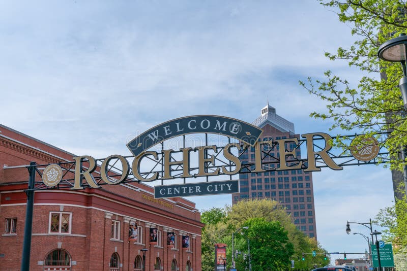 ROCHESTER, NY - MAY 14, 2018: Welcome to Rochester sign along South Clinton Avenue in downtown Rochester, New York. ROCHESTER, NY - MAY 14, 2018: Welcome to Rochester sign along South Clinton Avenue in downtown Rochester, New York