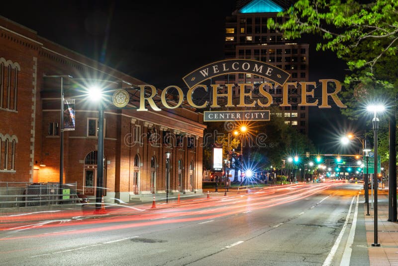 ROCHESTER, NY - MAY 14, 2018: Welcome to Rochester sign along South Clinton Avenue in downtown Rochester, New York. ROCHESTER, NY - MAY 14, 2018: Welcome to Rochester sign along South Clinton Avenue in downtown Rochester, New York