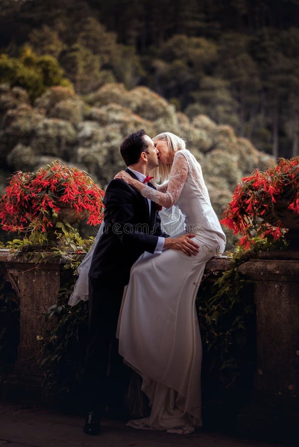 Καλό ζεύγος των newlyweds - η νύφη και ο νεόνυμφος φιλούν κοντά στο προστατευτικό κιγκλίδωμα πετρών σε ένα παλαιό όμορφο παλάτι π στοκ φωτογραφίες