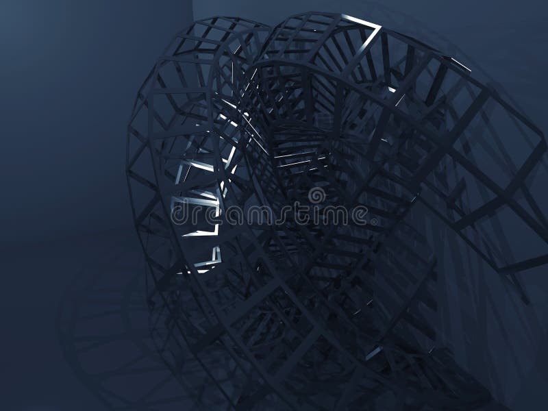 Abstract dark blue digital background, bent wire-frame structure in dark room. 3d render illustration. Abstract dark blue digital background, bent wire-frame structure in dark room. 3d render illustration