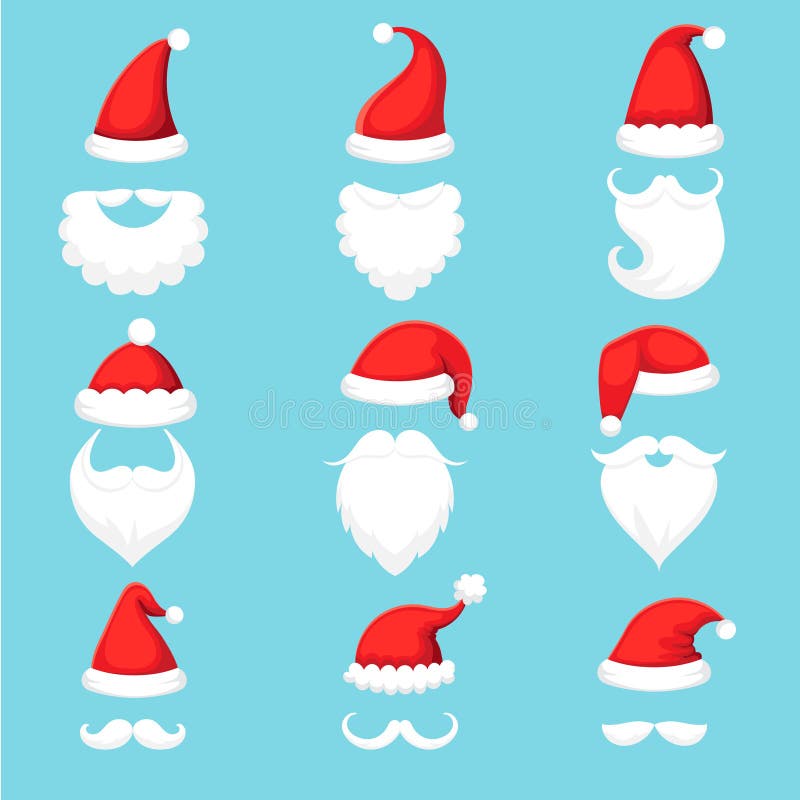 Santa Claus hat and beard. Christmas traditional red warm hats with fur, white beards with mustaches cap silhouette. Xmas wearing mask for mobile app. Cartoon illustration vector isolated icons set. Santa Claus hat and beard. Christmas traditional red warm hats with fur, white beards with mustaches cap silhouette. Xmas wearing mask for mobile app. Cartoon illustration vector isolated icons set