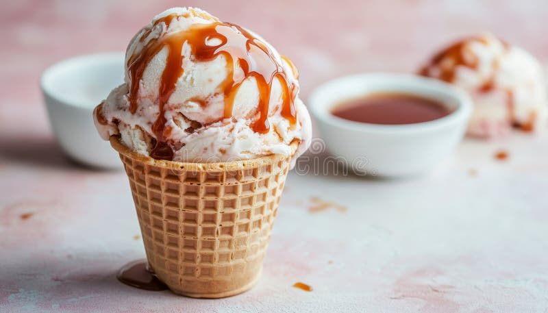 Καραμέλες παγωτού Caramel Επιδέξια παγωμένα κέρασμα σε κώνο βάφλας σε ροζ φόντο ελεύθερη απεικόνιση δικαιώματος