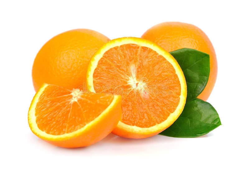 Orange fruit with leafs on white. Orange fruit with leafs on white