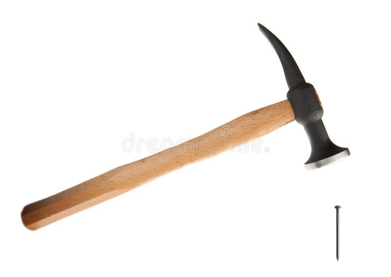 Traditional hammer hitting nail on white. Traditional hammer hitting nail on white