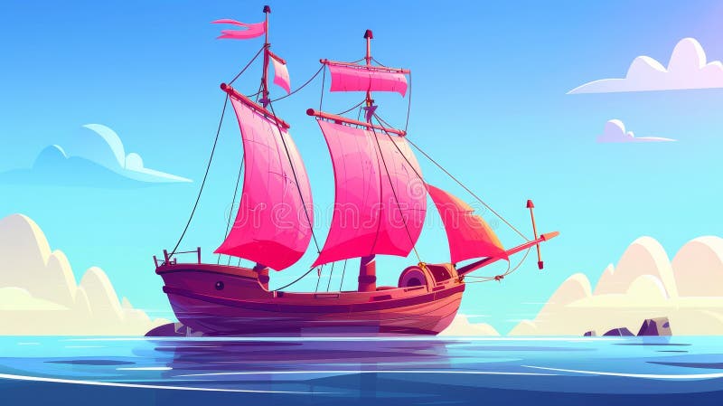 Seascape with an old wooden ship with red sails. Illustration of a sailboat with masts and ropes on blue water with ancient galleons and caravelles.. AI generated. Seascape with an old wooden ship with red sails. Illustration of a sailboat with masts and ropes on blue water with ancient galleons and caravelles.. AI generated