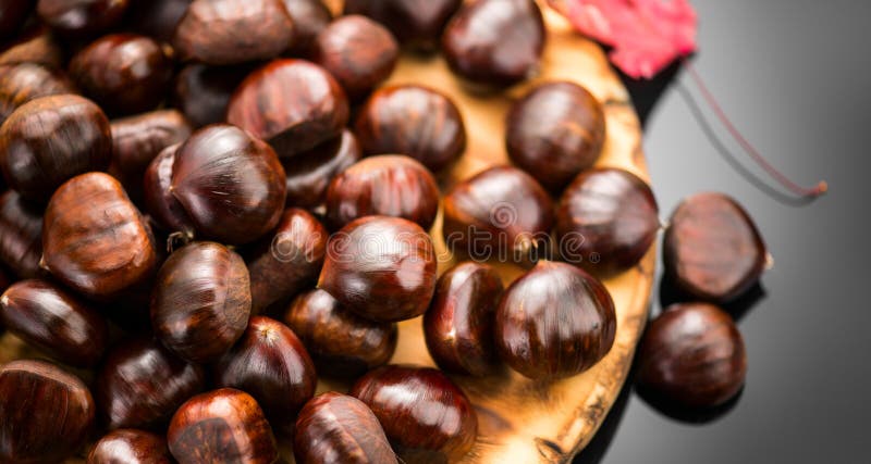 Καστανιά Γλυκά κάστανα νωπά με φθινοκόκκινα φύλλα σε μαύρο φόντο. στοκ φωτογραφία με δικαίωμα ελεύθερης χρήσης