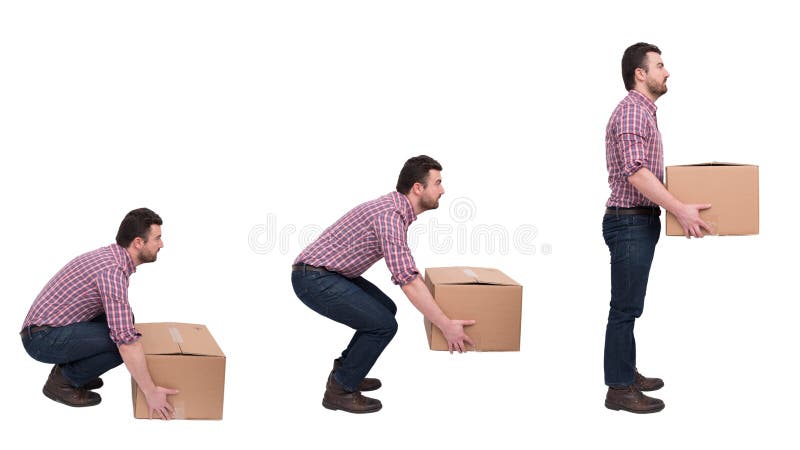 Proper heavy weight boxes lifting against back ache. Proper heavy weight boxes lifting against back ache