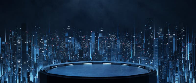 κατάστρωμα κτιρίων στην πόλη mega cyberpunk style που περιβάλλει πολλούς ουρανοξύστες. απεικόνιση αποθεμάτων
