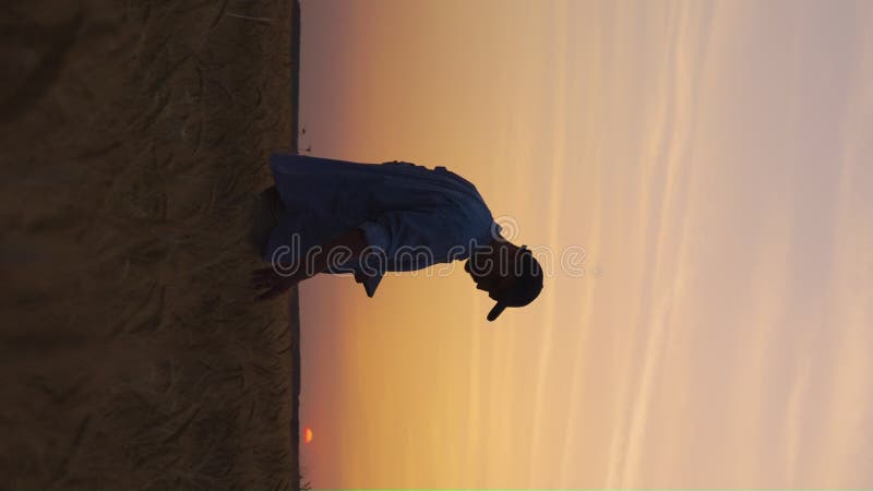 κατακόρυφη οθόνη : σιλουέτα του αγρότη που περπατά ανάμεσα σε καλλιέργειες το ηλιοβασίλεμα