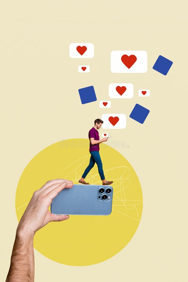 κατακόρυφο κολάζ νεαρός άνδρας περπατά smartphone ψηφιακή συσκευή blogger facebook θραύσμα σώματος στοκ φωτογραφίες με δικαίωμα ελεύθερης χρήσης
