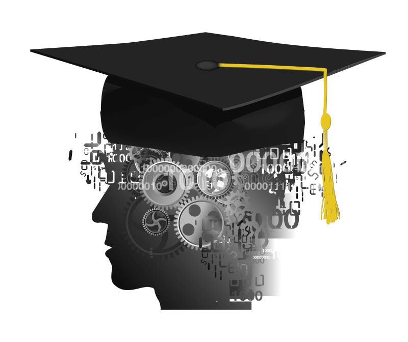 Stylized male head silhouette with Graduation cap, digital numbers and gear. Stylized male head silhouette with Graduation cap, digital numbers and gear.
