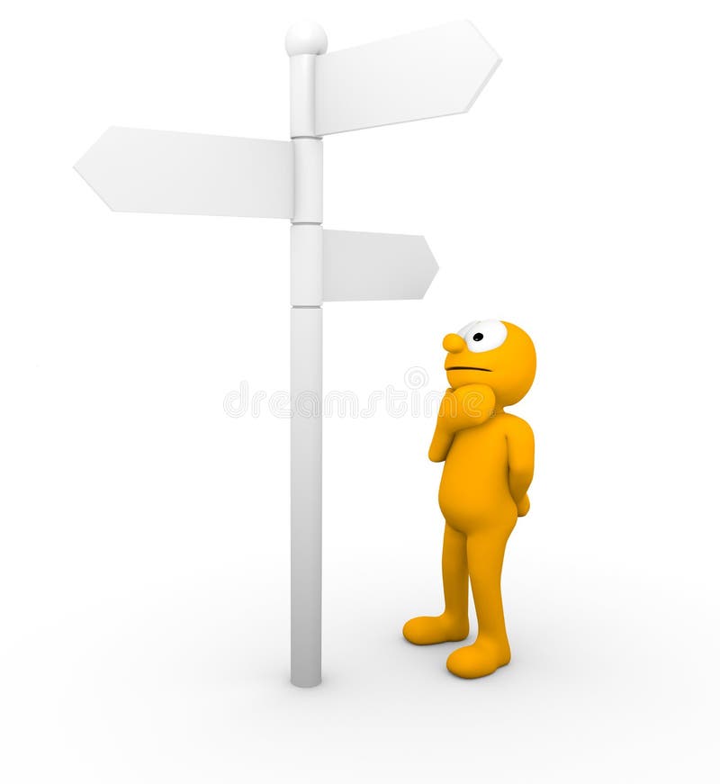 Character rubbing chin and deciding what to do while looking at blank signs. Character rubbing chin and deciding what to do while looking at blank signs