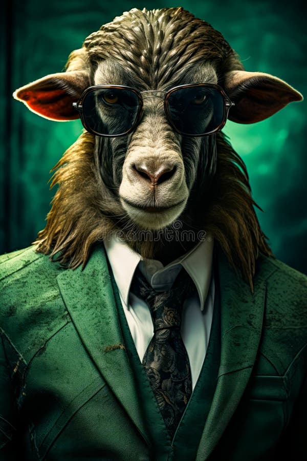 Goat wearing suit and tie with sunglasses on it. Generative AI. AI generated. Goat wearing suit and tie with sunglasses on it. Generative AI. AI generated