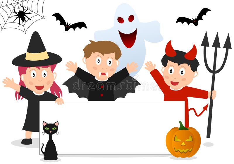 Three Halloween kids in costume with black cat, pumpkin, bats, spider, ghost and a blank banner. Empty space for your message. Eps file available. Three Halloween kids in costume with black cat, pumpkin, bats, spider, ghost and a blank banner. Empty space for your message. Eps file available.
