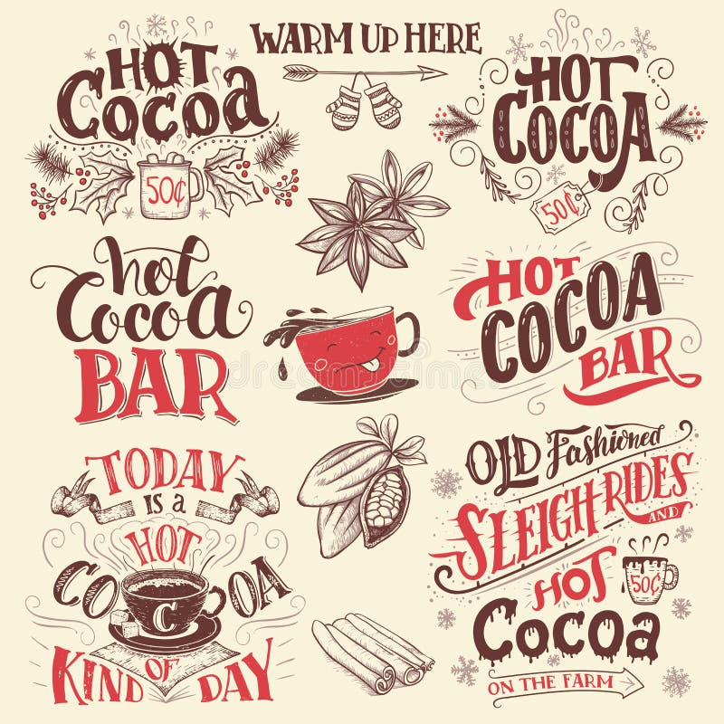 Hot cocoa hand lettering signboards set. Hot cocoa bar. Cocoa cup cartoon character. Hand drawn signs for cafe, bar and restaurant. Hot cocoa hand lettering signboards set. Hot cocoa bar. Cocoa cup cartoon character. Hand drawn signs for cafe, bar and restaurant