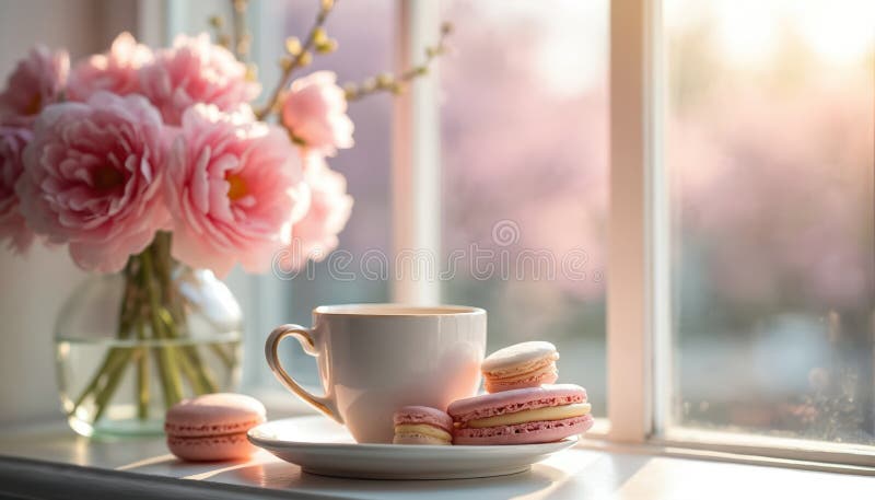 Καφέ macaroons στο παράθυρο με ελατήριο άνθη. Πρωινός καφές γλυκό επιδόρπιο κοντά στο παράθυρο με ροζ λουλούδια. Πρωινό στοκ εικόνες