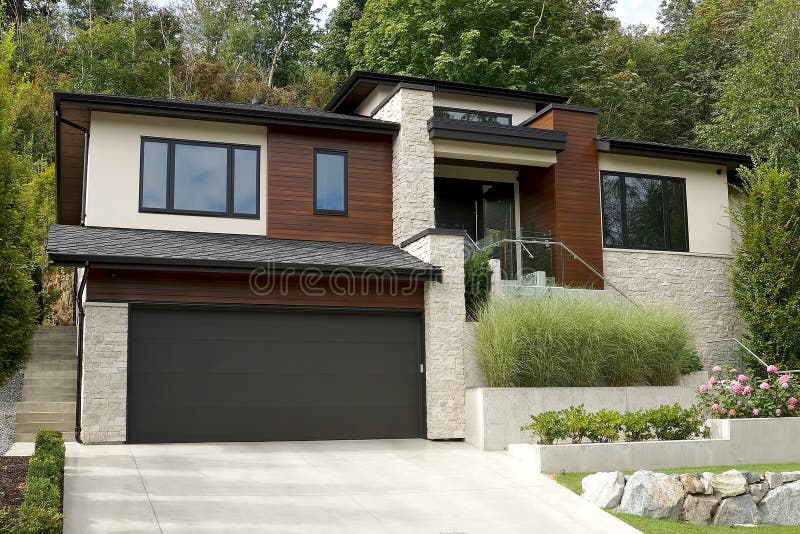 Residential home exterior showing dark wood siding, brown painted garage door and rockwork details. Residential home exterior showing dark wood siding, brown painted garage door and rockwork details