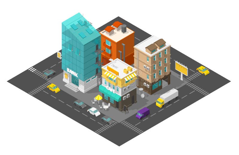 Καφές και τράπεζα οδών πόλεων Isometric δρόμος τετάρτων πόλης περιοχής τρισδιάστατος Τοπ άποψη κτηρίων τελών αυτοκινήτων r διανυσματική απεικόνιση Καφές και τράπεζα οδών πόλεων Isometric δρόμος τετάρτων πόλης περιοχής τρισδιάστατος Τοπ άποψη κτηρίων τελών αυτοκινήτων r διανυσματική απεικόνιση