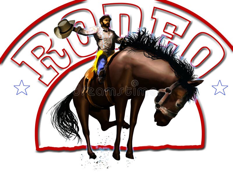 Illustration of a rodeo cowboy on a wild horse with text Rodeo in the background. Illustration of a rodeo cowboy on a wild horse with text Rodeo in the background