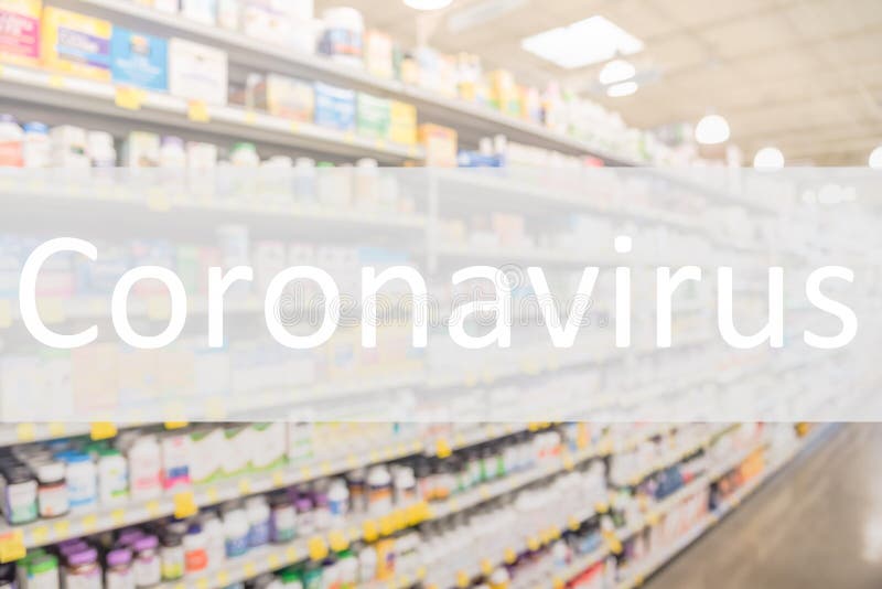 κείμενο του coronavirus σε θολή εικόνα των ραφιών του καταστήματος ναρκωτικών στοκ εικόνες με δικαίωμα ελεύθερης χρήσης