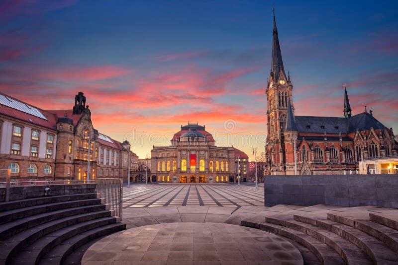 Cityscape image of Chemnitz, Germany with Chemnitz Opera and St. Petri Church during beautiful sunset. Cityscape image of Chemnitz, Germany with Chemnitz Opera and St. Petri Church during beautiful sunset.