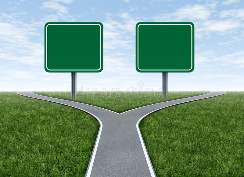 Two options with blank road signs facing a challenging decision symbol represented by a forked road for turning in the direction that is chosen after facing the difficult dilemma. Two options with blank road signs facing a challenging decision symbol represented by a forked road for turning in the direction that is chosen after facing the difficult dilemma.