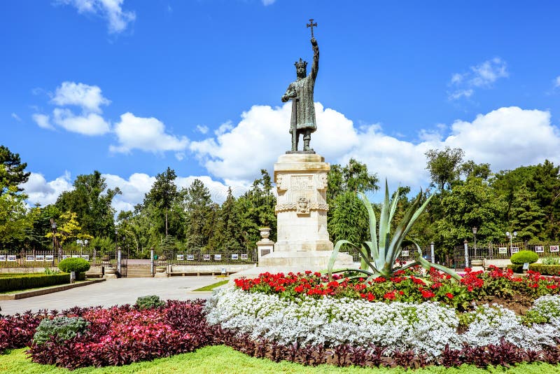 Central park with statue of stefan the great, Chisinau, Moldova, sunny day blue sky trees and flowers. Central park with statue of stefan the great, Chisinau, Moldova, sunny day blue sky trees and flowers