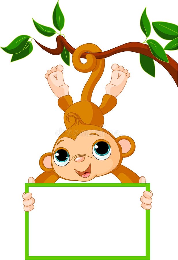 Cute baby monkey on a tree holding blank sign. Cute baby monkey on a tree holding blank sign