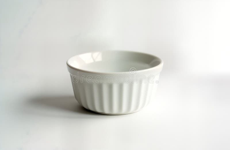 κενό λευκό πορσελάνινο ramekin κάθεται σε απλή λευκή επιφάνεια. απλό κομψό επιτραπέζιο. ιδανικό για την παρουσίαση μικρών πιάτων διανυσματική απεικόνιση