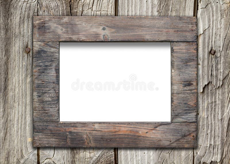 Front view of a blank wooden frame over a weathered wooden surface. Front view of a blank wooden frame over a weathered wooden surface