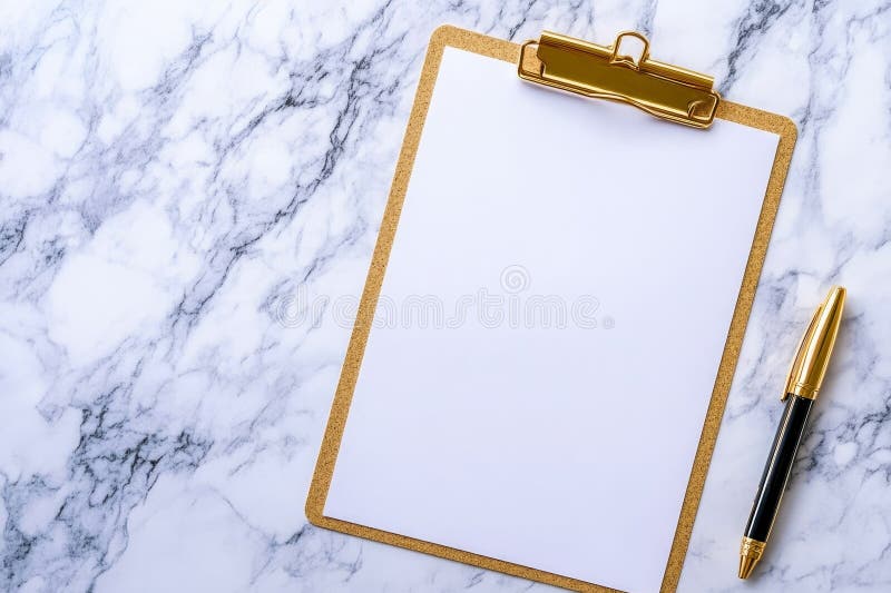 Κενό πρόχειρο με λεπτομέρειες χρυσού στον κομψό χώρο εργασίας Marble Ελληνικά, λευκή χάρτινη πένα μαρμάρινης υφής από το πρόχειρο απεικόνιση αποθεμάτων