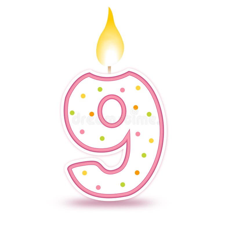 Cute number birthday candle - Nine isolated on white background. Cute number birthday candle - Nine isolated on white background