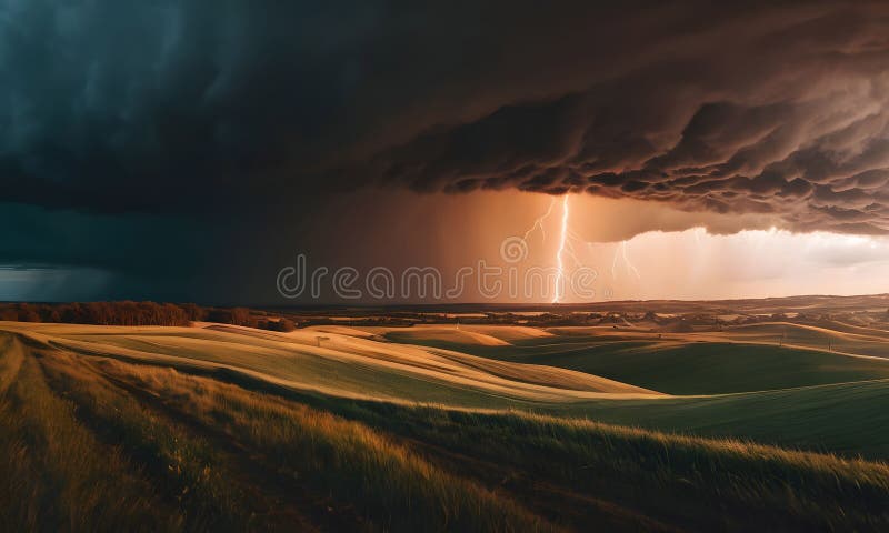 A lightning bolt pierces through the clouds in the dusk sky over a natural landscape, creating a dramatic atmospheric phenomenon during a thunderstorm afterglow. A lightning bolt pierces through the clouds in the dusk sky over a natural landscape, creating a dramatic atmospheric phenomenon during a thunderstorm afterglow