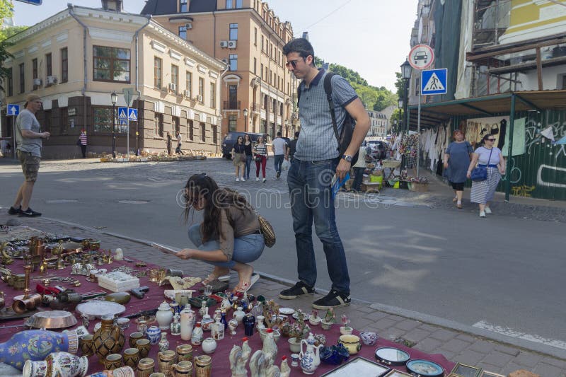 Kiev, Ukraine - May 19, 2019: Flea market in the Andrew`s Descent - the historical part of the city. Kiev, Ukraine - May 19, 2019: Flea market in the Andrew`s Descent - the historical part of the city