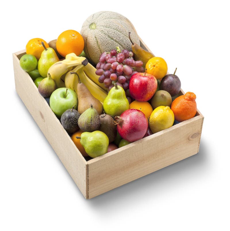 A wood box full of fresh whole fruit on a white background. A wood box full of fresh whole fruit on a white background