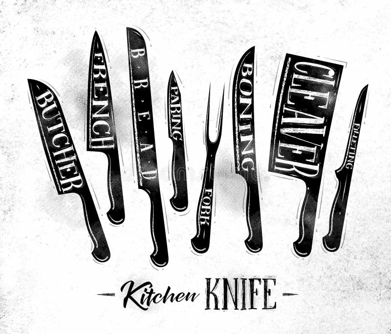 Poster kitchen meat cutting knifes butcher, french, bread, paring, fork, boning, cleaver, filleting drawing in vintage style on dirty paper background. Poster kitchen meat cutting knifes butcher, french, bread, paring, fork, boning, cleaver, filleting drawing in vintage style on dirty paper background