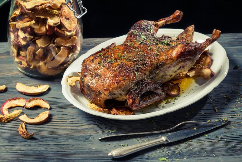Κινηματογράφηση σε πρώτο πλάνο roast της πάπιας με τα ξηρά μήλα στοκ φωτογραφία με δικαίωμα ελεύθερης χρήσης Κινηματογράφηση σε πρώτο πλάνο roast της πάπιας με τα ξηρά μήλα στοκ φωτογραφία με δικαίωμα ελεύθερης χρήσης