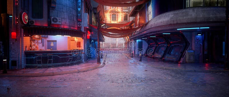 κινηματογραφικό panorama 3d απόδοση μιας σκοτεινής μουντής cyberpunk city street με fast food bar στη γωνία διανυσματική απεικόνιση