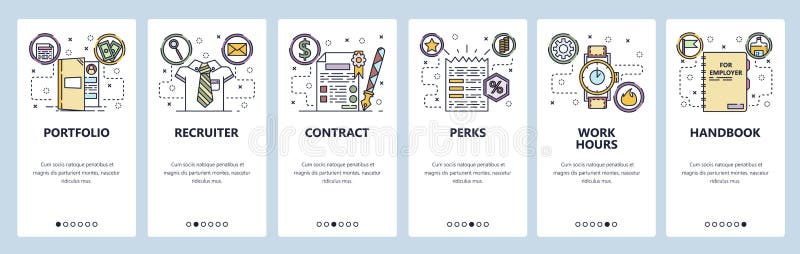Κινητές app onboarding οθόνες Απασχόληση, recruiter ωρ., cintract προσφορά εργασίας, ώρες απασχόλησης Διανυσματικό πρότυπο εμβλημ ελεύθερη απεικόνιση δικαιώματος Κινητές app onboarding οθόνες Απασχόληση, recruiter ωρ., cintract προσφορά εργασίας, ώρες απασχόλησης Διανυσματικό πρότυπο εμβλημ ελεύθερη απεικόνιση δικαιώματος