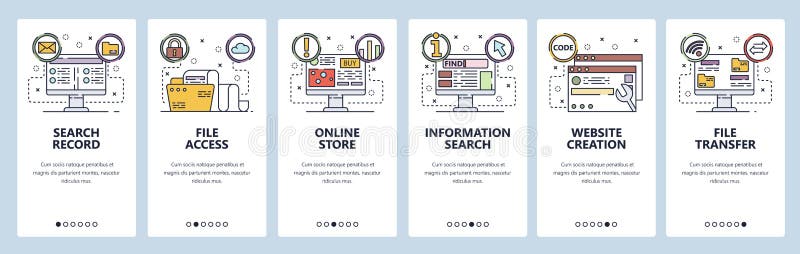 Κινητές app onboarding οθόνες Τεχνολογία υπολογιστών, αναζήτηση πληροφοριών, συγχρονισμός αρχείων και μεταφορά Διανυσματικό έμβλη ελεύθερη απεικόνιση δικαιώματος Κινητές app onboarding οθόνες Τεχνολογία υπολογιστών, αναζήτηση πληροφοριών, συγχρονισμός αρχείων και μεταφορά Διανυσματικό έμβλη ελεύθερη απεικόνιση δικαιώματος