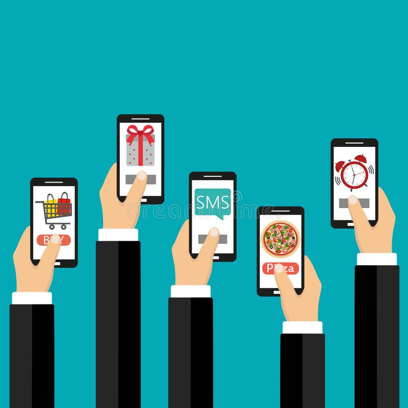 Κινητή έννοια apps Επίπεδη απεικόνιση σχεδίου Ανθρώπινο χέρι με τα κινητά εικονίδια τηλεφώνων και διεπαφών ελεύθερη απεικόνιση δικαιώματος Κινητή έννοια apps Επίπεδη απεικόνιση σχεδίου Ανθρώπινο χέρι με τα κινητά εικονίδια τηλεφώνων και διεπαφών ελεύθερη απεικόνιση δικαιώματος