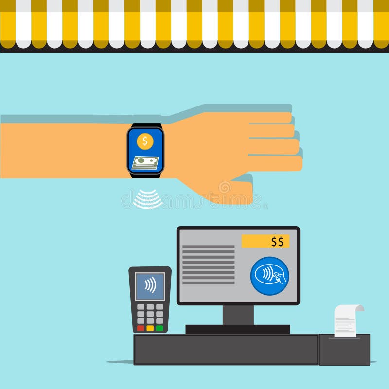 Κινητή έννοια πληρωμής στο smartwatch με το διάνυσμα τεχνολογίας NFC ελεύθερη απεικόνιση δικαιώματος Κινητή έννοια πληρωμής στο smartwatch με το διάνυσμα τεχνολογίας NFC ελεύθερη απεικόνιση δικαιώματος